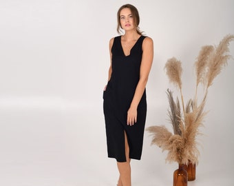 MIDI LINEN DRESS black, straight silhouette linen, elegant linen dress, pockets and a slit, women's clothing, pure linen dress