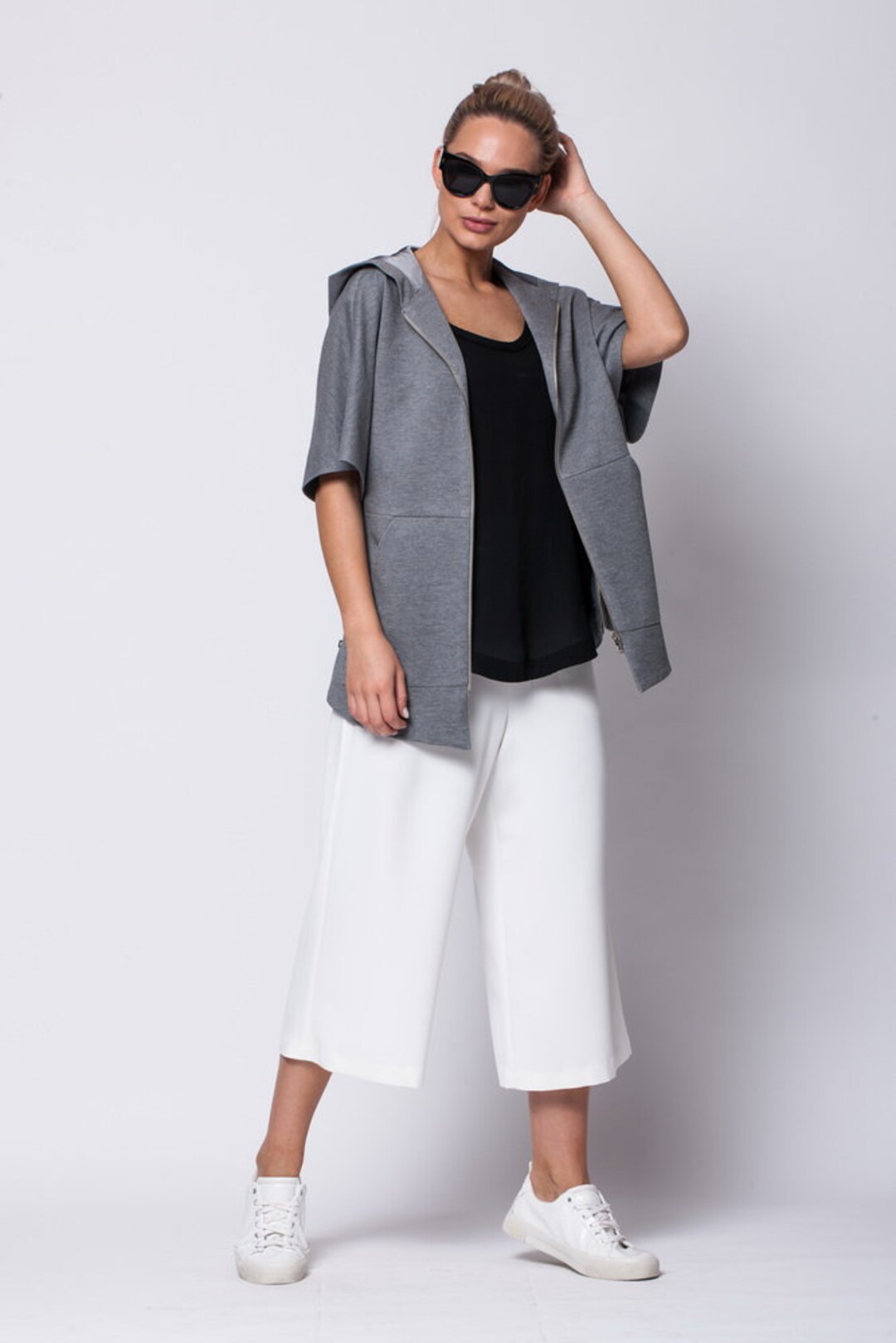 GREY JACKET, 3/4 Sleeve, Hood, Autumn Jacket, Jacket Zipper, Hood