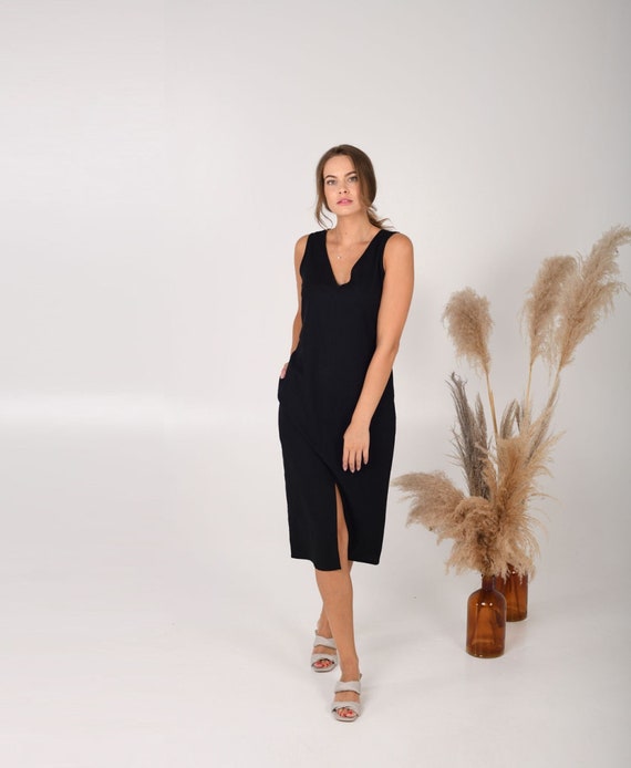 MIDI LEINENKLEID schwarz gerade Silhouette Leinen elegantes | Etsy  Österreich