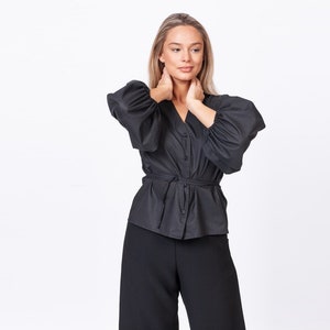 TWISTED V-NECK BLOUSE, boho style blouse, puffed sleeves, occasion shirt, twisted evening blouse, womens clothing blouse, Boho Style