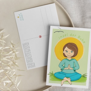 Postal com motivo de ioga / ilha da paz / posição de lótus / postal infantil