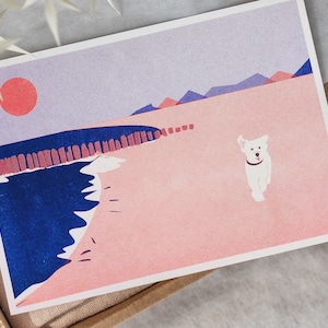 Cartolina risografica "Vacanze con cane" in arancione neon e blu / A6