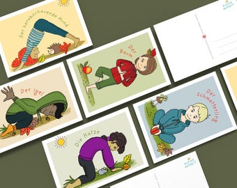 Set de cartes postales de yoga / 5 cartes postales / A6 / carte postale pour enfants automne