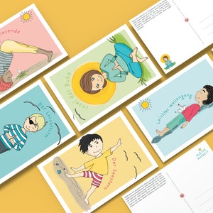 Conjunto de postais de cinco peças com motivos de ioga / 5 postais / A6 / postal infantil