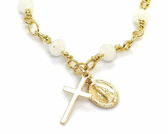 White Crystal Catholic Rosary Bracelet, 18K Gold Cross & Miraculous Medal