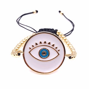 Big Evil Eye White Enamel Bracelet, Fashion Jewelry, Evil Eye Adjustable Bracelet, Mal de Ojo, Protection, Ojo Turco String Bracelet