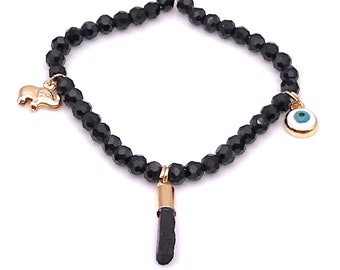 Lucky Black Crystal Beads Bracelet for Women, Genuine Azabache Stone Bracelet, Lucky Charm Adjustable bracelet, Evil eye Protection jewelry