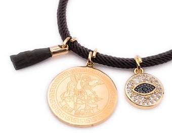 Brown String St Michael Bracelet, Genuine Azabache Hand & Saint Michael Gold Medal, Archangel St. Michael Medal Bracelet, Protection Jewelry