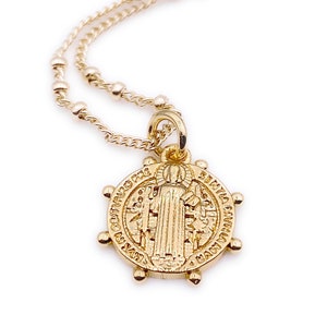 Gold Saint Benedict Round Medal, San Benito Necklace, Religious Necklace, Saint Benedict Pendant, Protection Jewelry, Vintage Charm,