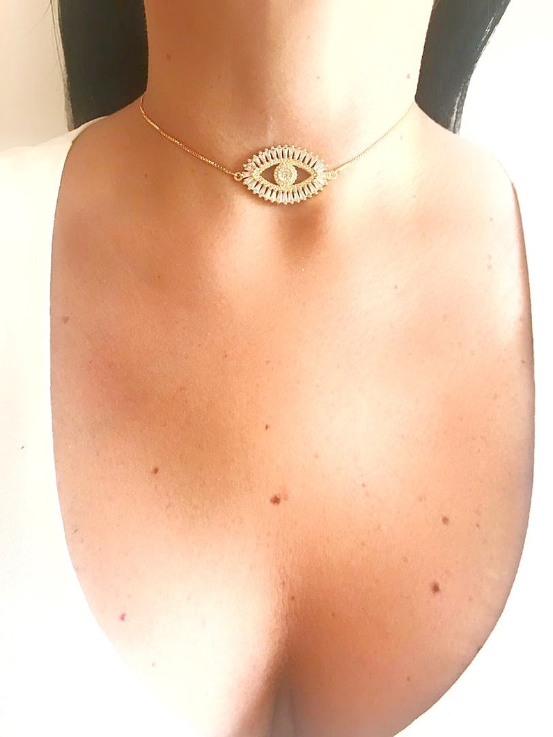 Fashion Jewelry Amulet Gold Evil Eye Choker Necklace Cubic Zirconia Evil Eye Pendant Evil Eye Jewelry Gift Evil Eye Adjustable Necklace