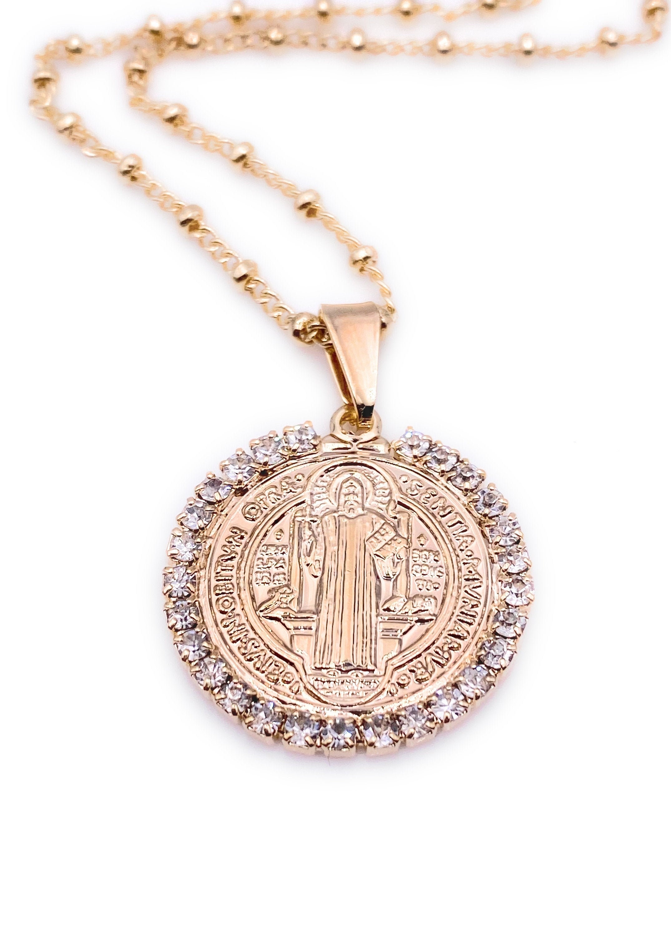 St. Benedict Pendant Necklace, Military Gold Plated Chain, San Benito  Necklace, Medalla San Benito, Catholic Jewelry,christmas Gift, Santos 