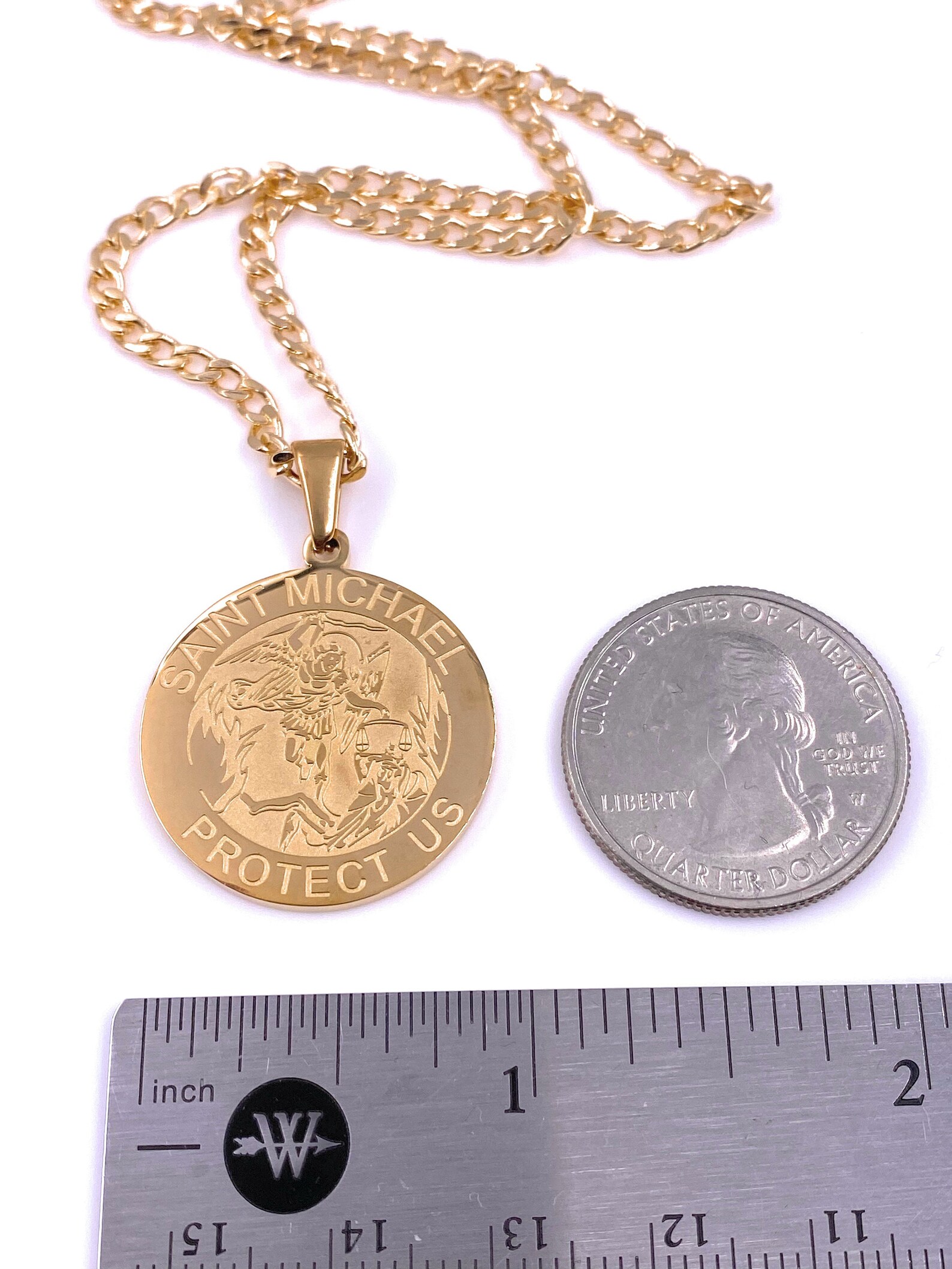 14k Gold Plated Saint Michael Necklace – 18in Figaro Chain, 40mm Pendant, Brazil Made