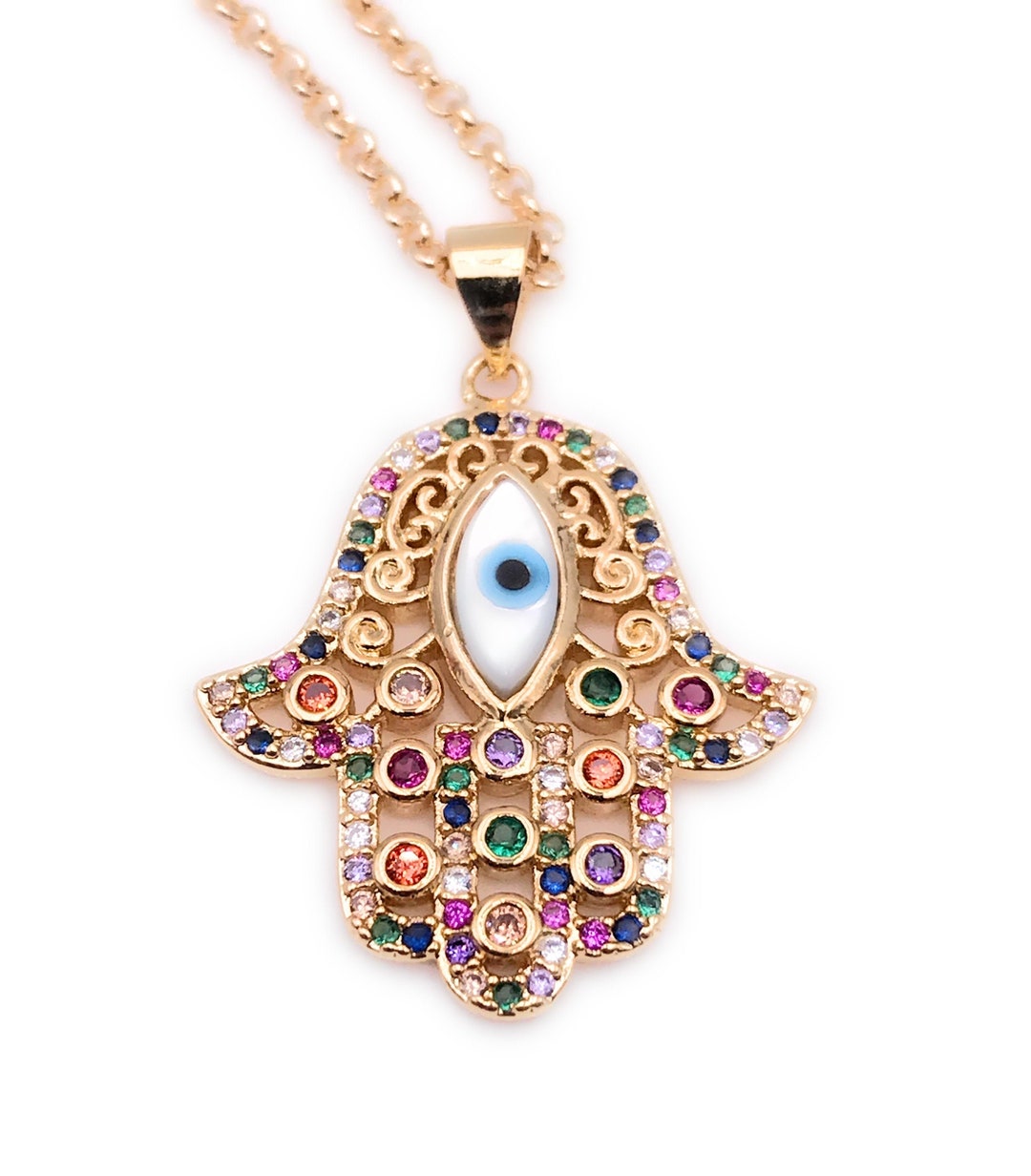 Stunning Gold Hamsa Hand Evil Eye Necklace - Rainbow Cubic Zirconia Charm, 17+2 Inch