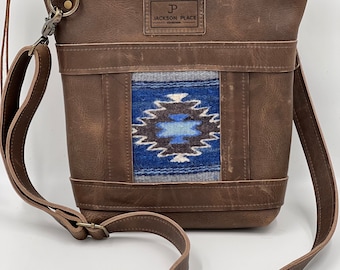 Handwoven Leather Crossbody Bag: Taos Blue Southwest Design