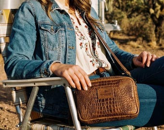 Jackson Place Collection | Brown embossed croc genuine leather crossbody shoulder bag