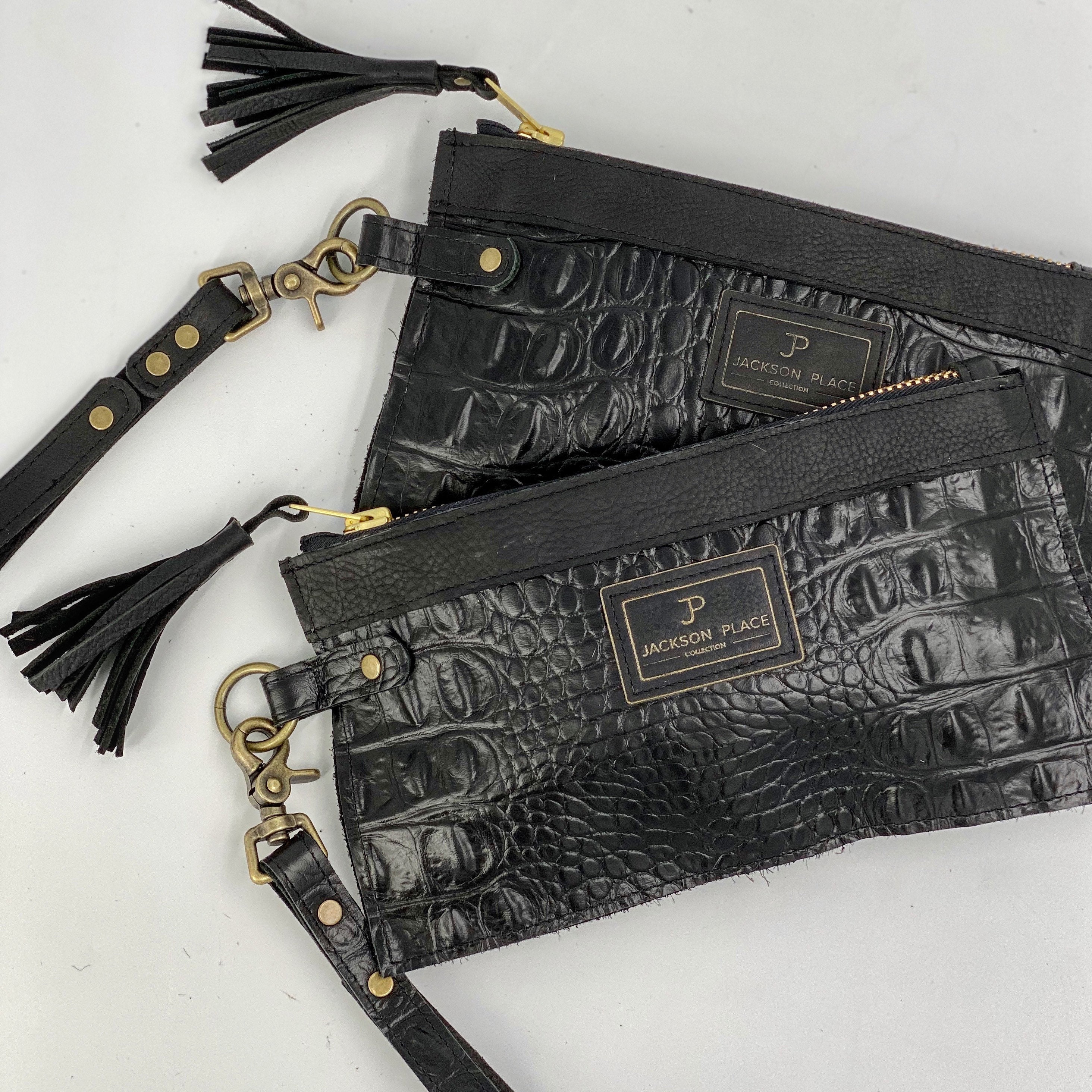 Black Croc Embossed Leather Wristlet Clutch With Removable 