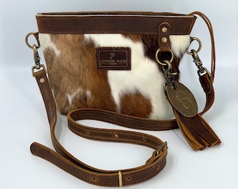 Cowhide Leather Crossbody Bag: Brown & White Hair-on-Hide with Brass Tag