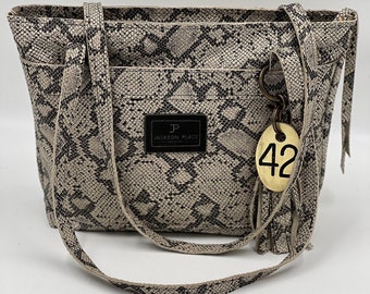 Snake Embossed Leather Tote Bag: Black, White & Gray with Tassel
