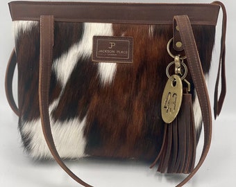 Cowhide Leather Tote Bag: Brown, White & Black Hair-on-Hide with Tassel