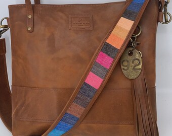 Jackson Place Collection - Large Carmel Brown Leather Tote & Blue Multicolor Striped Bag Strap - Stripe Tote Purse Handbag Cow Tag Crossbody