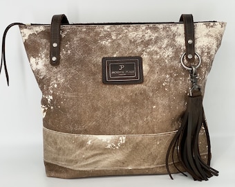 Vintage Embossed Cowhide Leather Tote: Brown & White Shoulder Bag
