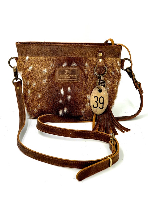 Jackson Place Collection — Small Axis Deer Hair-on-Hide Leather Crossbody Bag — cowhide cow hide brown white hair purse handbag spotted spot