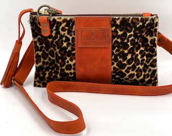 Leopard Hair-on-Hide Crossbody Clutch: Burnt Orange Leather Bag