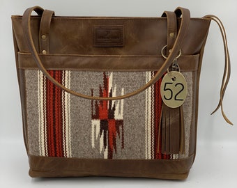 Hand-Loomed Gray & Red Weaving Leather Tote Bag