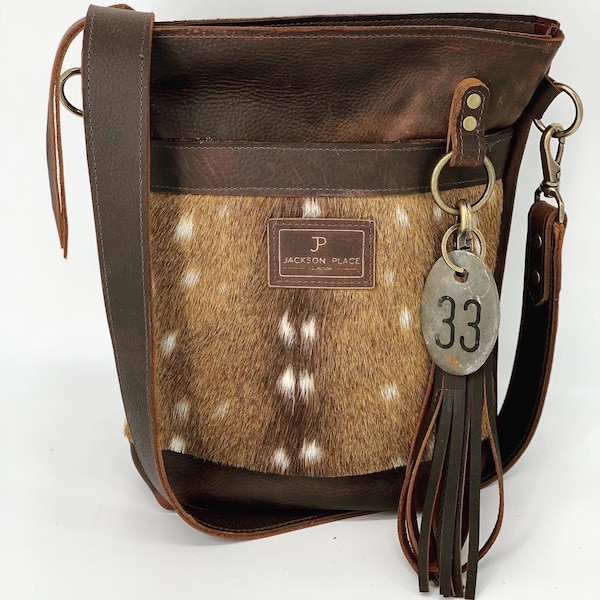 Jackson Place Collection - Axis Deer Hair-on-Hide Brown Small Leather Bucket - Bag Strap Purse Tote Handbag Cowhide Fur Gold Cow Tag Tassel