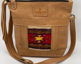 Leather Crossbody Bag: Taos Red Southwest Weaving, Adjustable Strap