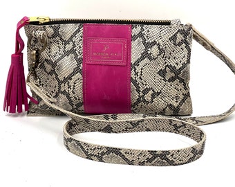 Snake Embossed Leather Crossbody Bag: Pink Stripe, Adjustable Strap
