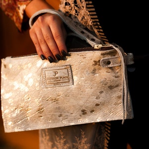 Jackson Place Collection - Metallic Gold Leopard Hair-on-Hide Leather Clutch / Wristlet - Bag Cheetah Spotted Cowhide Purse Bag Strap Tassel