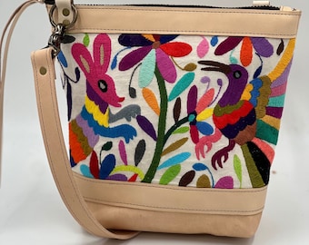 Large Otomi Embroidered Leather Bag: Mexican Crossbody Purse