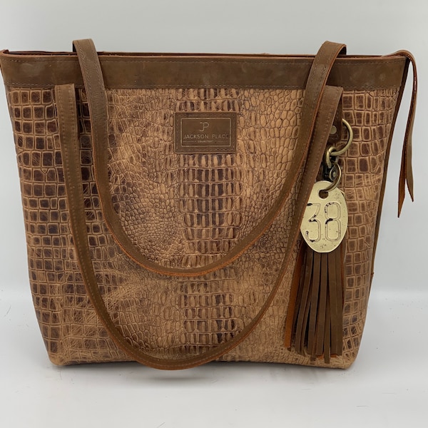 Jackson Place Collection — Large  Bone Croc Embossed Handcrafted Cowhide Leather Tote — Tan Brown shoulder bag purse handbag vintage cow tag