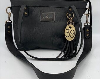 Black Leather Tote Bag: Medium, with Cow Tag & Crossbody Strap