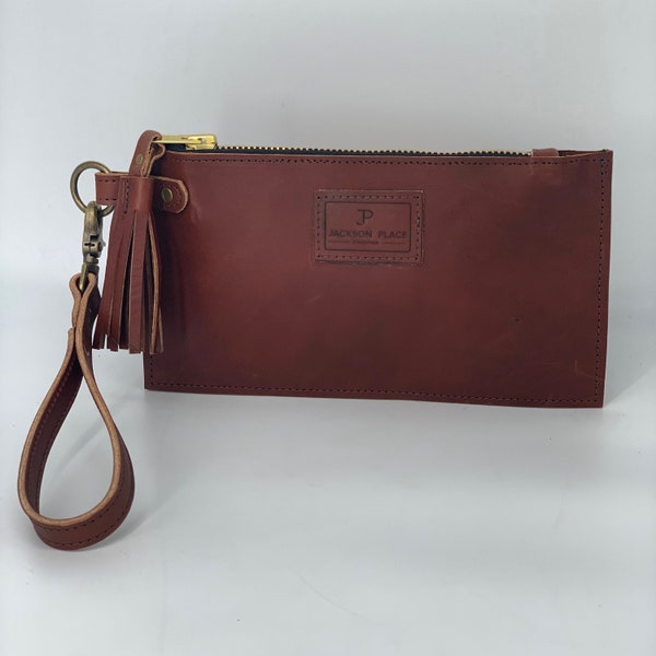 Jackson Place Collection - Wickett & Craig Leather Cognac Clutch Wristlet - Brown Purse Handbag - Removable Bag Strap Zipper Cow Tag Tassel