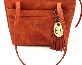 Burnt Orange Leather Tote Bag: Medium Cowhide Purse with Tassel