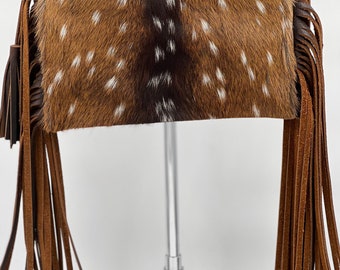 Axis Collection — Fringe Spotted Deer Hair-on-Hide Leather Crossbody Clutch bag brown white removable adjustable — Jackson Place Collection