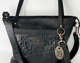 Black Croc Embossed Leather Tote Bag: Jackson Place Collection
