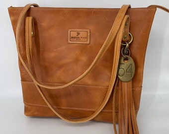 Large Tan Leather Tote Bag: Portofino Classic with Tassel