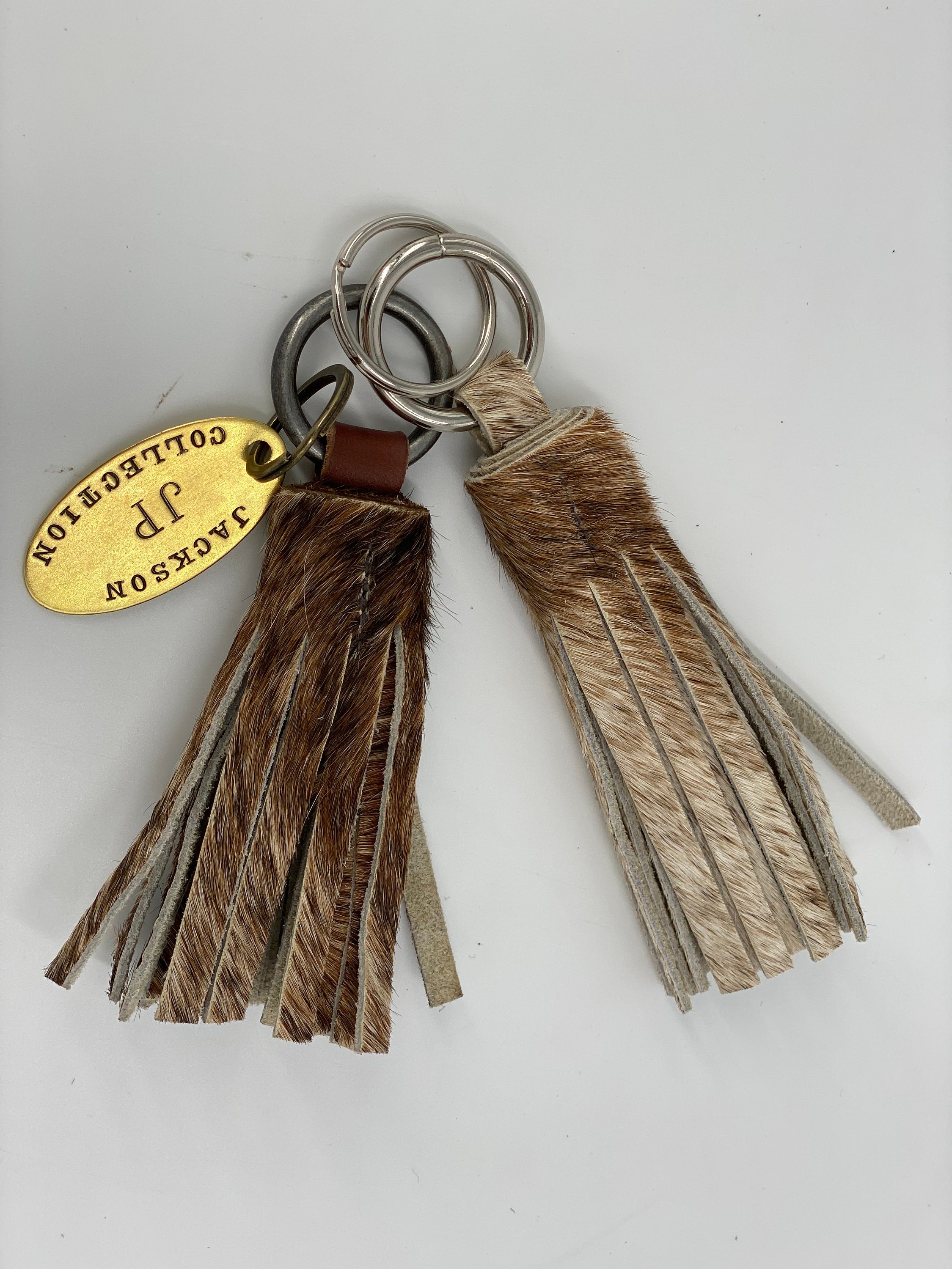 Leather Cowhide Mini Tassel Keychain & Brass Tag – Jackson Place Collection
