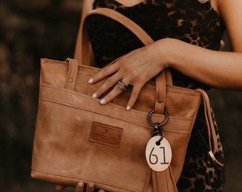 Brown Cowhide Leather Tote Bag: Jackson Place Collection, Antique Brass Tassel