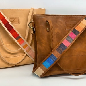 Jackson Place Collection - Large Natural Leather Tote & Red Pink Multicolor Striped Bag Strap - Purse Handbag Stripe Gold Brass Cow Tag Tan