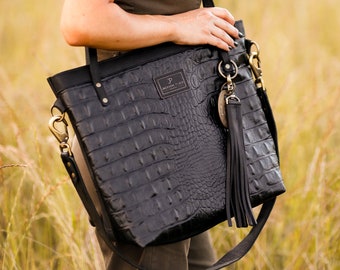 Black Croc Embossed Leather Tote: Large Crossbody Bag with Tassel