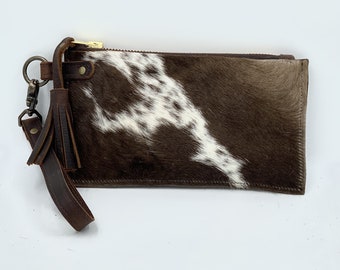 Cowhide Leather Clutch Wristlet: Brown & White Hair-on-Hide Tassel Purse