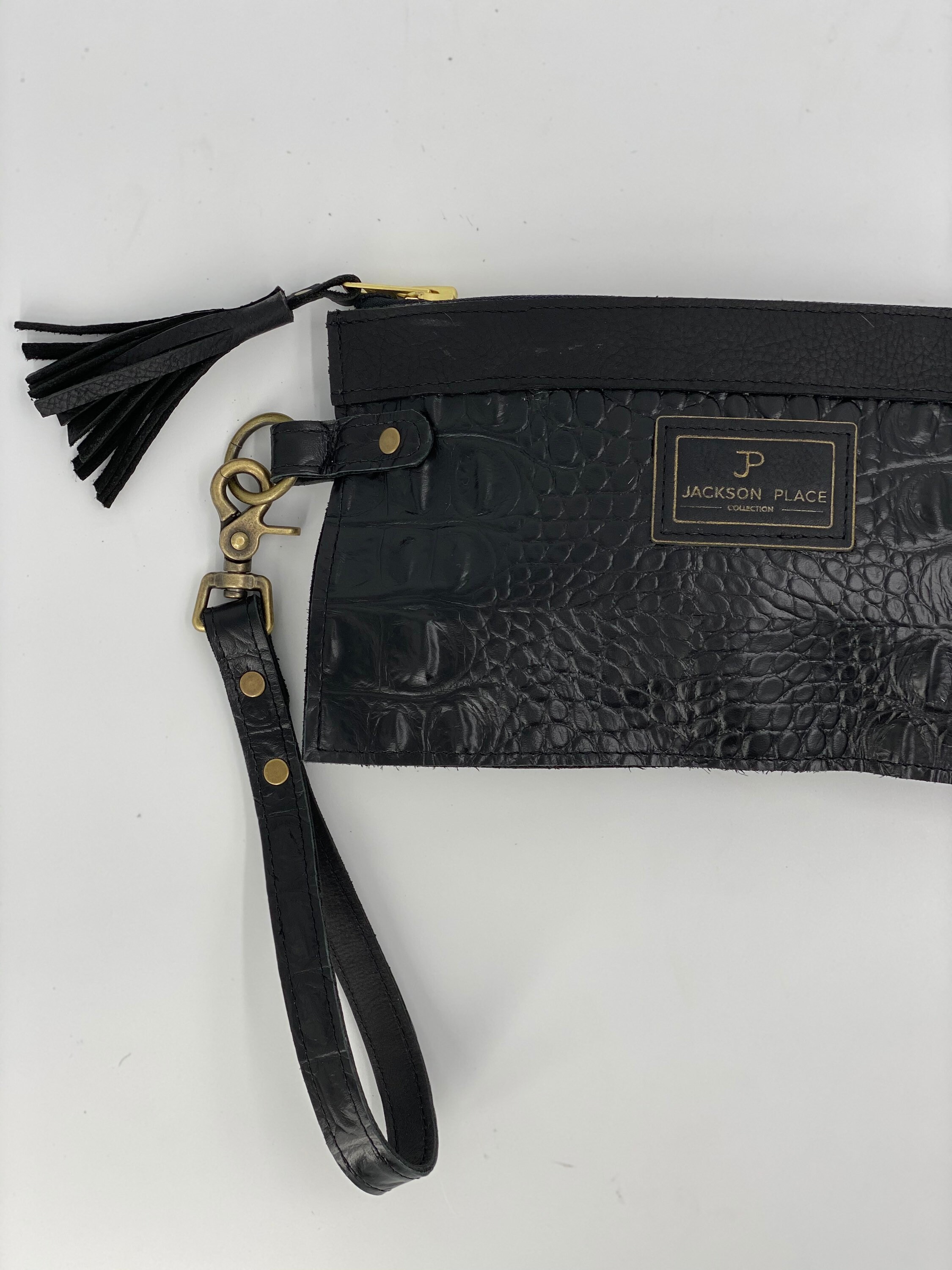 Black Croc Embossed Leather Wristlet Clutch With Removable  display picture 3