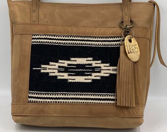 Hand Loomed Cowhide Leather Tote Bag: Taos Black & White Weaving
