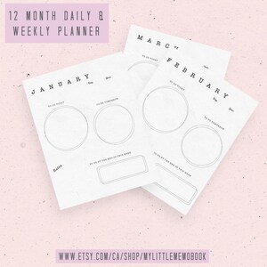 Planificador diario de 12 meses imprimible, horario diario, lista de tareas pendientes, descarga instantánea, A4, A5, tamaño carta de EE. UU.
