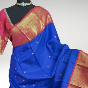 Blue & Pink Kanjivaram Silk Saree: Handwoven Indian Bridal Sari