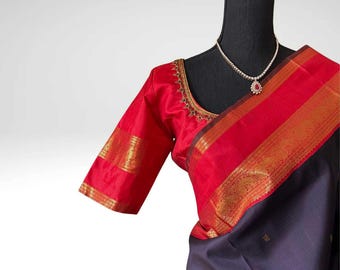 Handwoven Kanjivaram Pattu Saree: Dark Violet & Chili Red Zari Silk